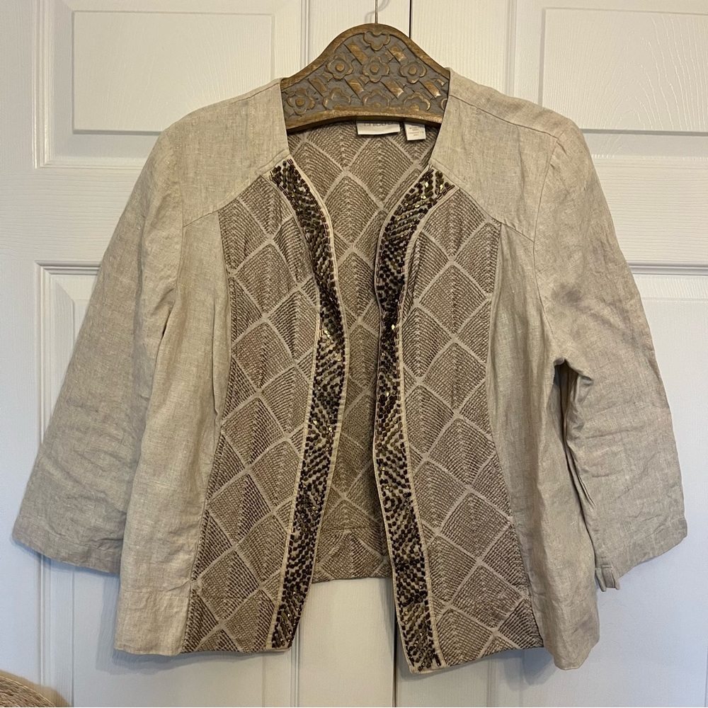Chico's Tan Linen gold beaded embroidered Blazer , size 2 ( L )